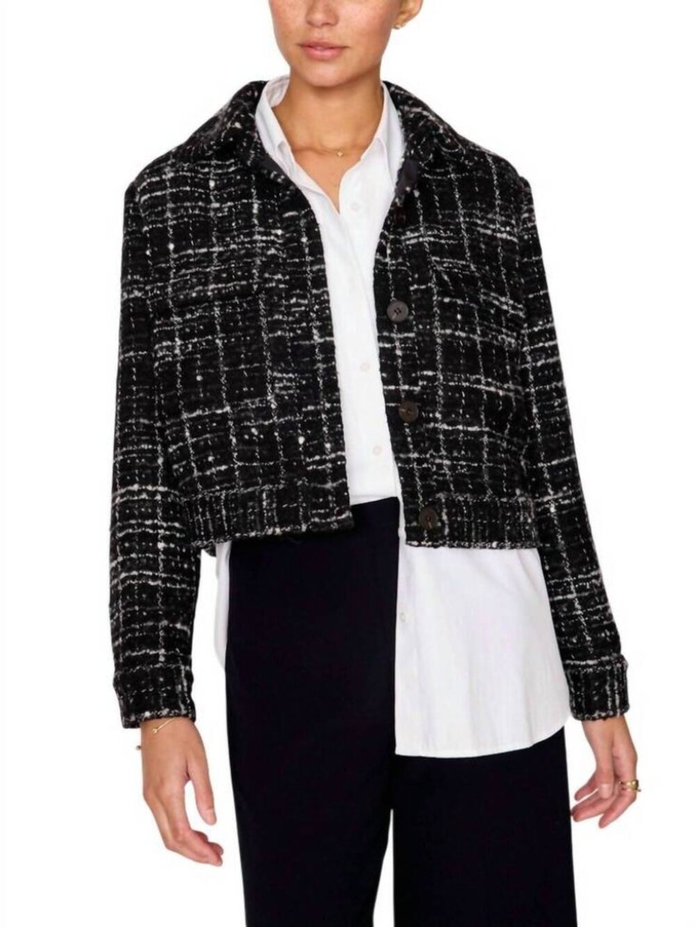 Brochu Walker Tweed Cropped Jacket Black White Collared Size S